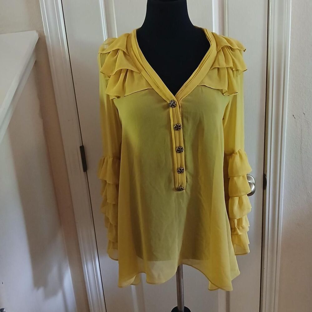 Y2K Vintage Forever 21 Yellow Ruffle Long Sleeve Ornate Button Blouse S Indie